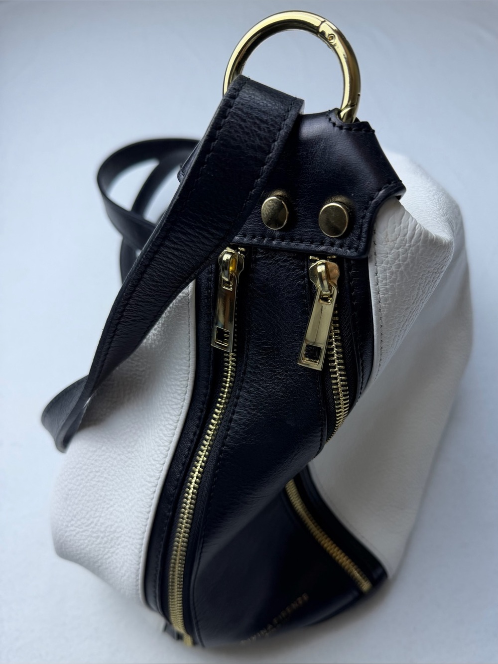 Divina Firenze Black and White Leather sling Bag with Gold Hardware